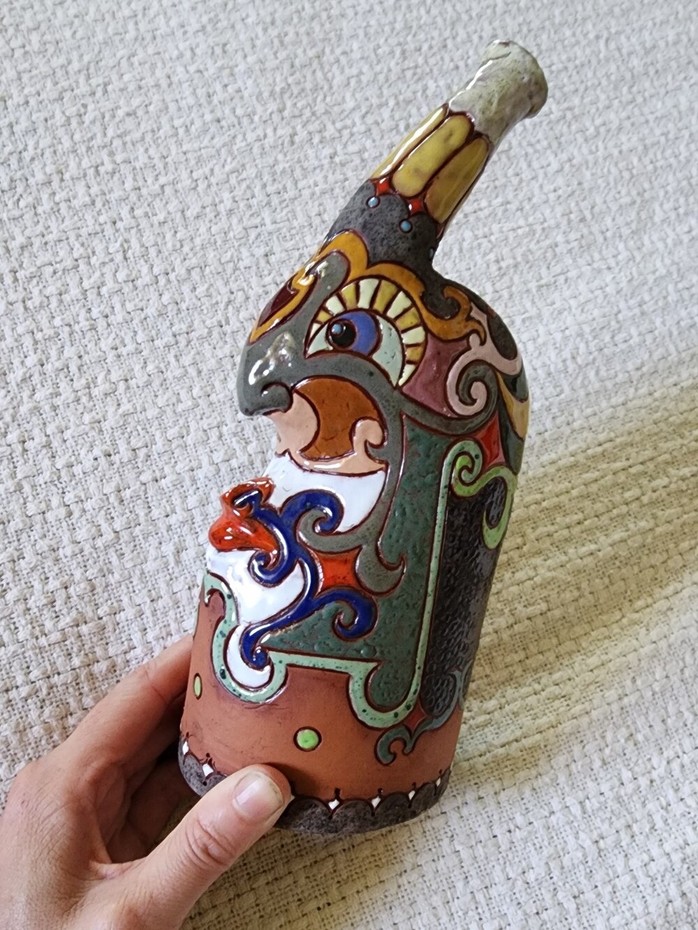 Terra Cotta Mexican Folkart Painted Glazed Face Design Vase